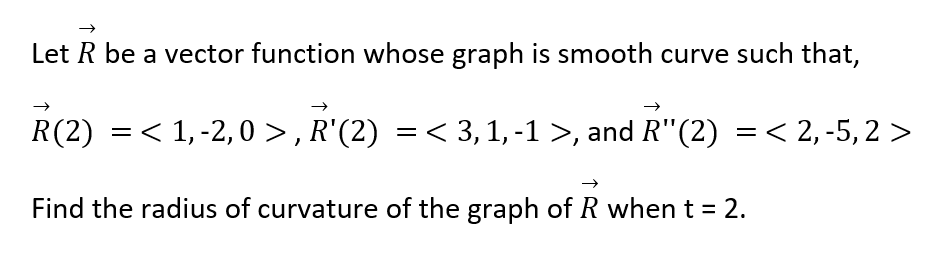 Let R be a vector function whose graph is smooth curve such that,
R(2) =< 1,-2,0 > , R'(2) =< 3,1, -1 >, and R"(2) =< 2, -5, 2 >
Find the radius of curvature of the graph of R when t = 2.
