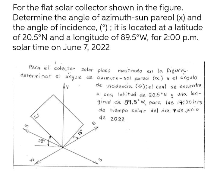 For the flat solar collector shown in the figure.
Determine the angle of azimuth-sun pareol (x) and
the angle of incidence, (°); it is located at a latitude
of 20.5°N and a longitude of 89.5°W, for 2:00 p.m.
solar time on June 7, 2022
mostrado en la figura.
Para el colector solar plano
colector
determinar el ángulo de azimuth-sol pared (α) y el angulo
Av
de incidencia (e); el cual se encuentra
una
a una latitud de 20.5°N
lon-
។
gitud de 89.5°W, para las 14:00 hrs
de tiempo solar del dia 7 de junio
[S 2022
4
S,I
25°
15°
5