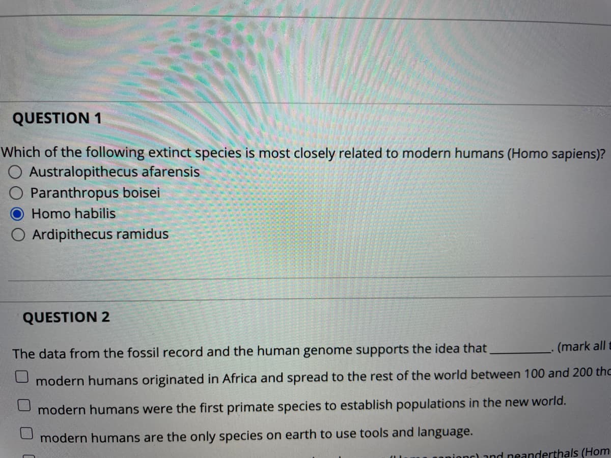 QUESTION 1
Which of the following extinct species is most closely related to modern humans (Homo sapiens)?
O Australopithecus afarensis
Paranthropus boisei
Homo habilis
rdipithecus ramidus
QUESTION 2
(mark all t
The data from the fossil record and the human genome supports the idea that
modern humans originated in Africa and spread to the rest of the world between 100 and 200 the
modern humans were the first primate species to establish populations in the new world.
modern humans are the only species on earth to use tools and language.
ninnr) and neanderthals (Hom
