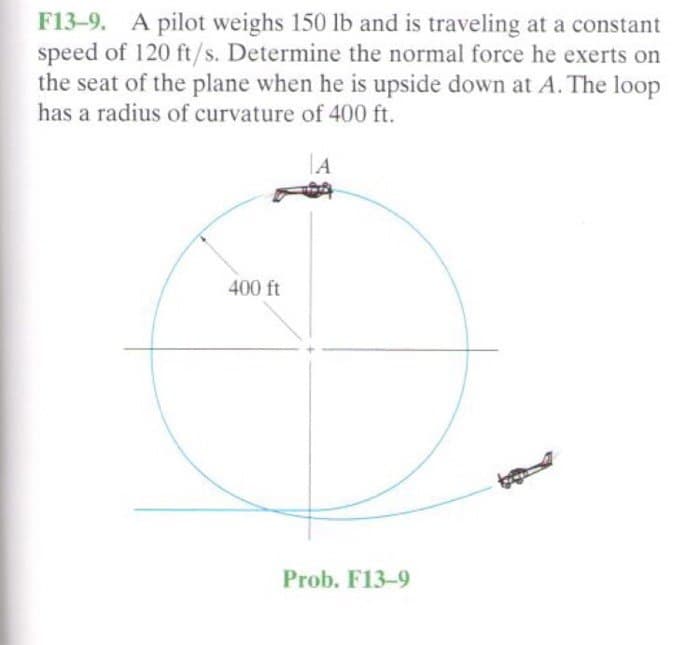 F13-9. A pilot weighs 150 lb and is traveling at a constant
speed of 120 ft/s. Determine the normal force he exerts on
the seat of the plane when he is upside down at A. The loop
has a radius of curvature of 400 ft.
A
400 ft
Prob. F13-9