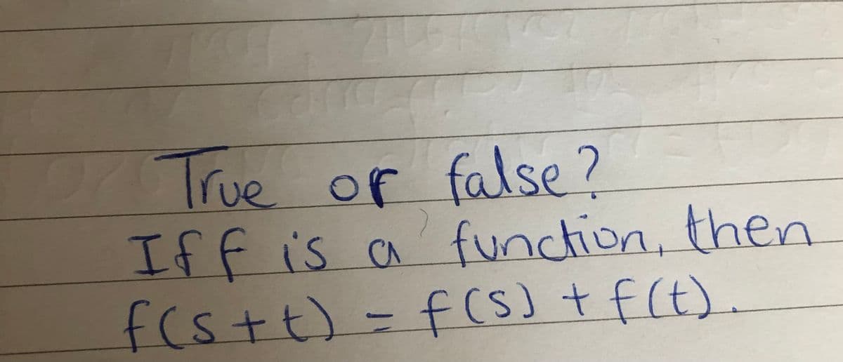 True
Iff is a function, then
f(s+t)-f(s) + f(t).
of false?
CA
