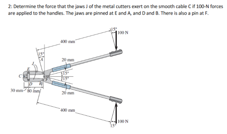 2: Determine the force that the jaws J of the metal cutters exert on the smooth cable C if 100-N forces
are applied to the handles. The jaws are pinned at E and A, and D and B. There is also a pin at F.
|100 N
400 mm
15
20 mm
F15°
LP B
30 mm2 80 mm/
20 mm
400 mm
100 N
15°
