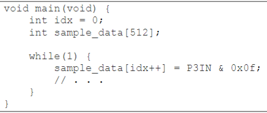 void main (void) {
int idx
0;
int sample_data[512];
while (1) {
sample_data[idx++] = P3IN & 0x0f;
// .
}
}
