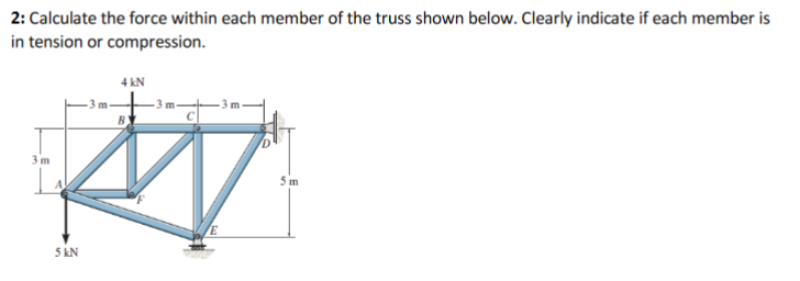 2: Calculate the force within each member of the truss shown below. Clearly indicate if each member is
in tension or compression.
4 kN
3 m
5 m
5 kN
