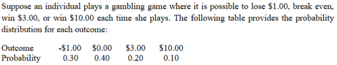 Suppose an individual plays a gambling game where it is possible to lose $1.00, break even,
win $3.00, or win $10.00 each time she plays. The following table provides the probability
distribution for each outcome:
Outcome
-$1.00 $0.00
$3.00
$10.00
Probability
0.30
0.40
0.20
0.10
