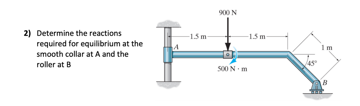 900 N
2) Determine the reactions
required for equilibrium at the
1.5 m
1.5 m
A
1 m
smooth collar at A and the
roller at B
/45°
500 N · m
В
