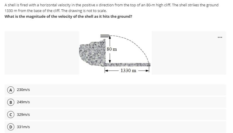 A shell is fired with a horizontal velocity in the positive x direction from the top of an 80-m high cliff. The shell strikes the ground
1330 m from the base of the cliff. The drawing is not to scale.
What is the magnitude of the velocity of the shell as it hits the ground?
...
80 m
1330 m
A) 230m/s
B 249m/s
c) 329m/s
331m/s
