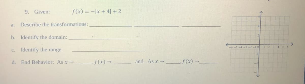 9. Given:
f(x) = -1x + 4| + 2
a.
Describe the transformations:
b. Identify the domain:
-3 -2-10
C.
Identify the range:
d. End Behavior: As x -
f (x)-
and As x
f(x)-
