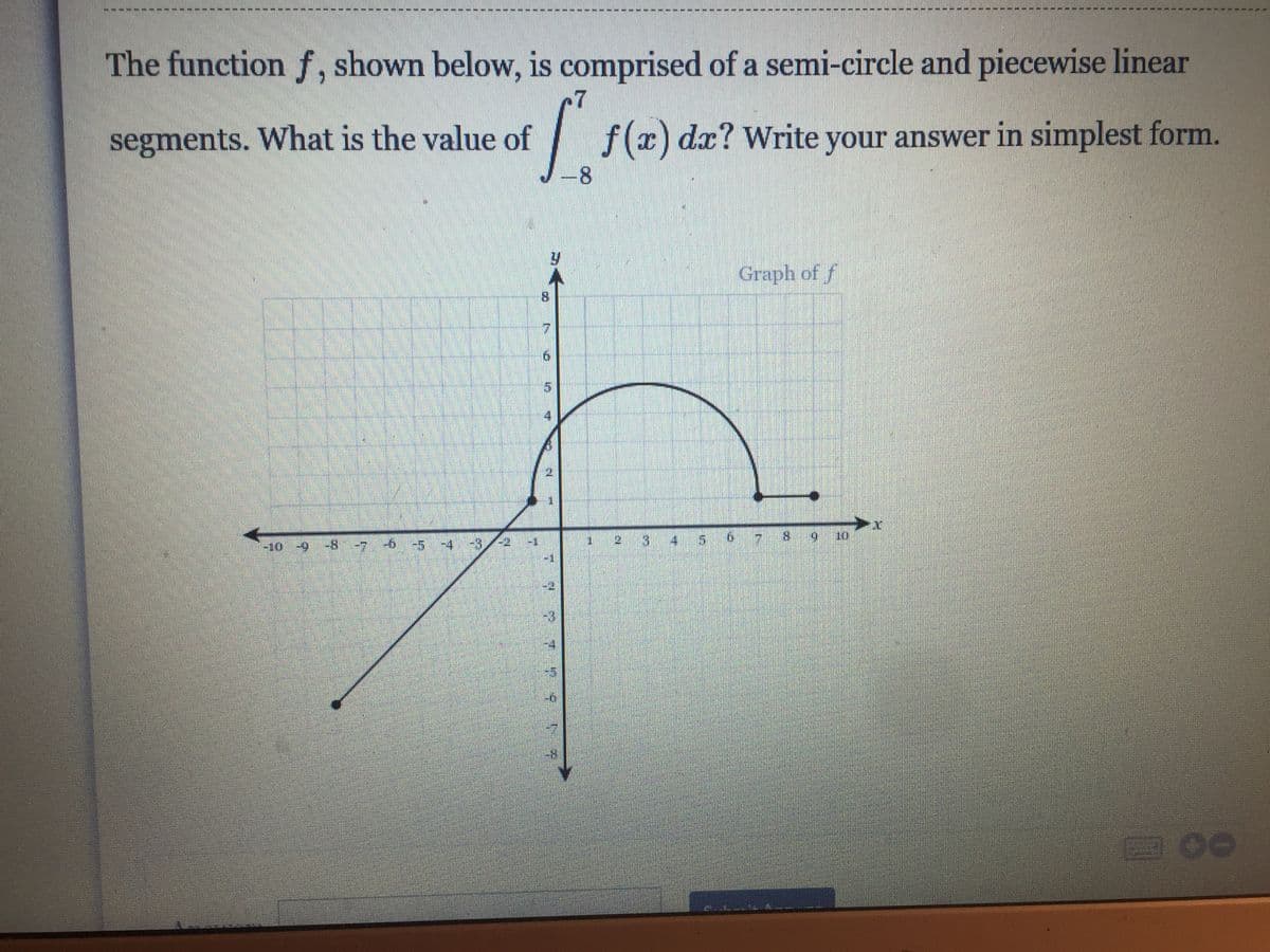 The function f, shown below, is comprised of a semi-circle and piecewise linear
segments. What is the value of
| f(x) dæ? Write your answer in simplest form.
Graph of f
8.
9.
-8-7 -6 -5 -4 -3,
1 2
4.
17
8 9 10
-10 -9
-3
5 5 よd
