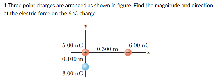1.Three point charges are arranged as shown in figure. Find the magnitude and direction
of the electric force on the 6nC charge.
y
5.00 nC
6.00 nC
0.300 m
-x
0.100 m
-3.00 nC|
