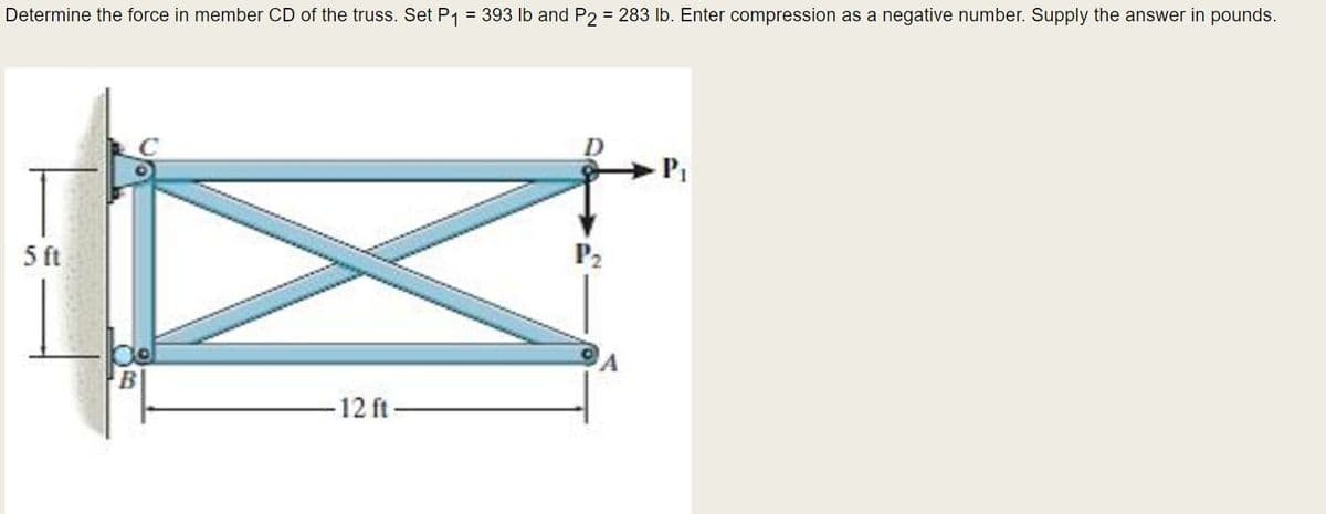 Determine the force in member CD of the truss. Set P1 = 393 lb and P2 = 283 lb. Enter compression as a negative number. Supply the answer in pounds.
P2
5 ft
B
12 ft-

