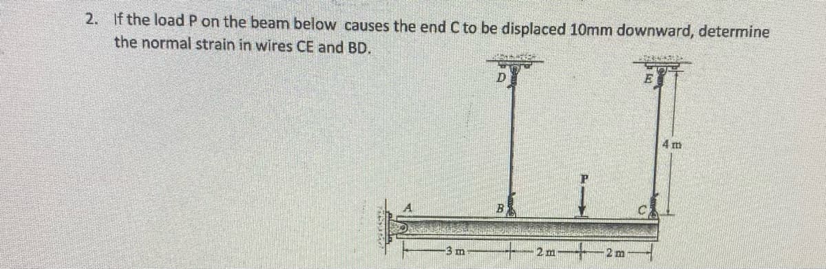2. If the load P on the beam below causes the end C to be displaced 10mm downward, determine
the normal strain in wires CE and BD.
4 m
3m
--2m-+2m
