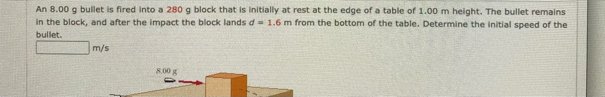 An 8.00 g bullet is fired into a 280 g block that is initially at rest at the edge of a table of 1.00 m height. The bullet remains
in the block, and after the impact the block lands d = 1.6 m from the bottom of the table. Determine the initial speed of the
bullet.
m/s
8.00 g
