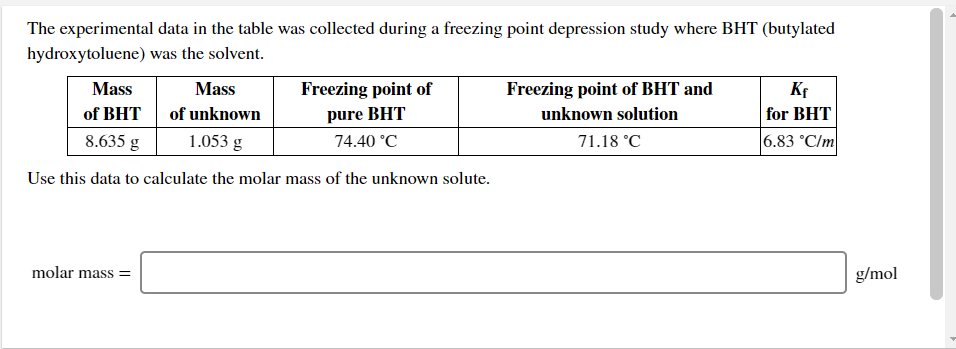 The experimental data in the table was collected during a freezing point depression study where BHT (butylated
hydroxytoluene) was the solvent.
Mass
Mass
Freezing point of
Freezing point of BHT and
Kr
of BHT
of unknown
pure BHT
unknown solution
for BHT
8.635 g
1.053 g
74.40 °C
71.18 °C
6.83 °C/m
Use this data to calculate the molar mass of the unknown solute.
molar mass =
g/mol
