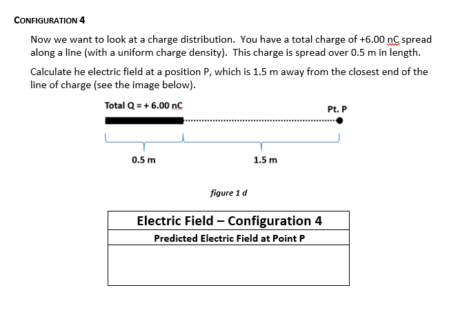 CONFIGURATION 4
Now we want to look at a charge distribution. You have a total charge of +6.00 nC spread
along a line (with a uniform charge density). This charge is spread over 0.5 m in length.
Calculate he electric field at a position P, which is 1.5 m away from the closest end of the
line of charge (see the image below).
Total Q = + 6.00 nC
Pt. P
0.5 m
1.5 m
figure 1 d
Electric Field - Configuration 4
Predicted Electric Field at Point P
