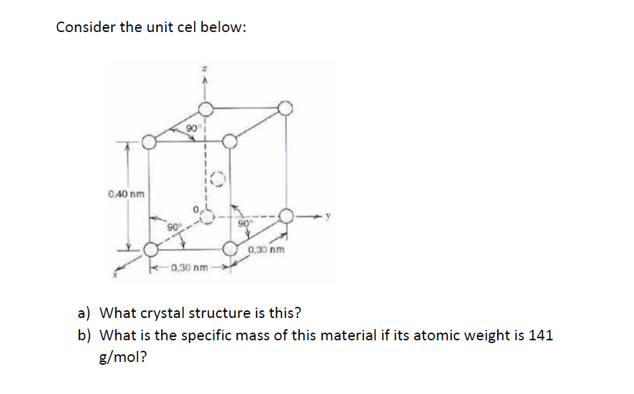 Consider the unit cel below:
90
0.40 nm
90
0.30 nm
0,30 nm
a) What crystal structure is this?
b) What is the specific mass of this material if its atomic weight is 141
g/mol?
