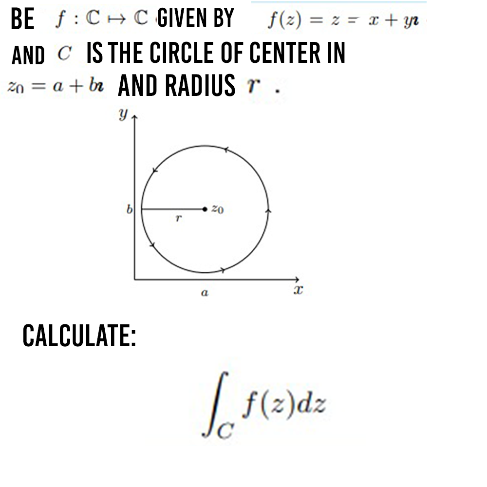 BE f : C+ C GIVEN BY
AND C IS THE CIRCLE OF CENTER IN
z0 = a + br AND RADIUS r
f(z) = z = + yr
b
20
a
CALCULATE:
f(2)dz

