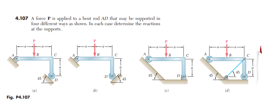 4.107 A force P is applied to a bent rod AD that may be supported in
four different ways as shown. In each case determine the reactions
at the supports.
P
p-
A
В
B
В
A
B
C
45
D
45
D(o
45
45
45
(a)
(b)
(c)
(d)
Fig. P4.107
