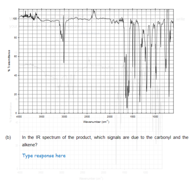 your
% Transmittance
100.
(b)
80
60
40
20
0
приколили
4000
3500
3000
2500
Weite
2000
Wavenumber (cm)
1500
1000
write
In the IR spectrum of the product, which signals are due to the carbonyl and the
alkene?
Type response here