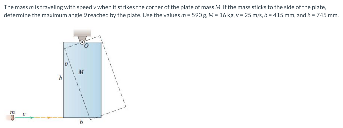 The mass m is traveling with speed v when it strikes the corner of the plate of mass M. If the mass sticks to the side of the plate,
determine the maximum angle e reached by the plate. Use the values m = 590 g, M = 16 kg, v = 25 m/s, b = 415 mm, and h =745 mm.
