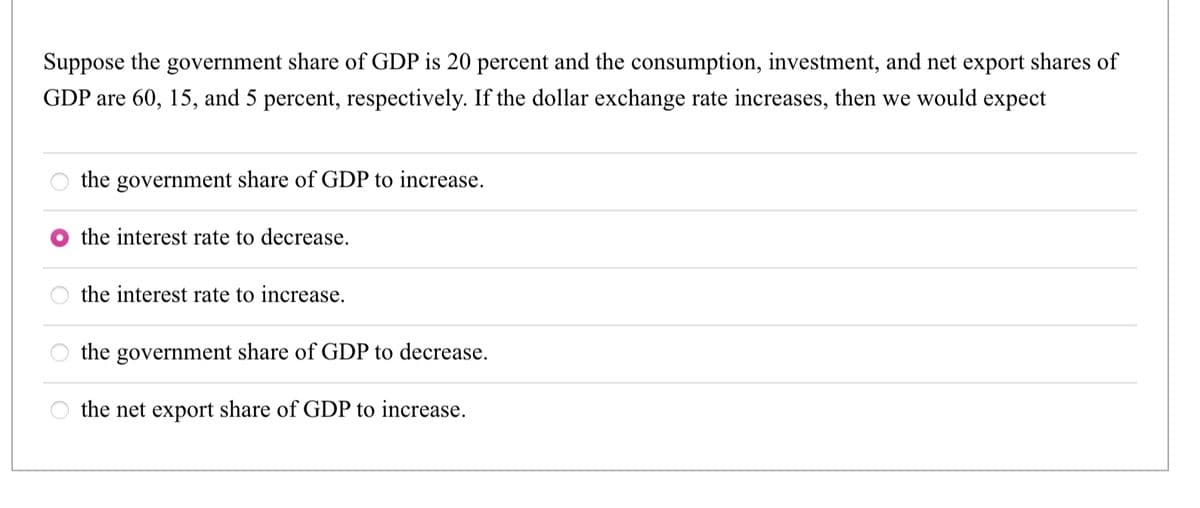 Suppose the government share of GDP is 20 percent and the consumption, investment, and net export shares of
GDP are 60, 15, and 5 percent, respectively. If the dollar exchange rate increases, then we would expect
the government share of GDP to increase.
the interest rate to decrease.
the interest rate to increase.
the government share of GDP to decrease.
the net export share of GDP to increase.
OOO
