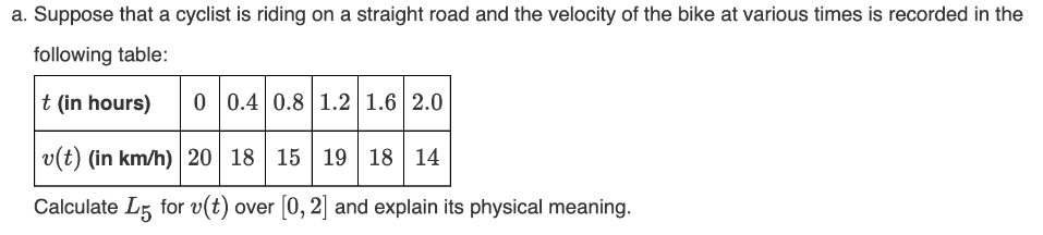 a. Suppose that a cyclist is riding on a straight road and the velocity of the bike at various times is recorded in the
following table:
t (in hours)
0 0.4 0.8 1.2 1.6 2.0
v(t) (in km/h) 20 18 15 19 18 14
Calculate L5 for v(t) over [0, 2] and explain its physical meaning.