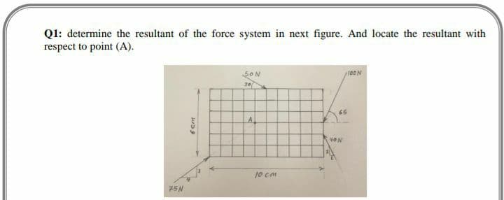 Ql: determine the resultant of the force system in next figure. And locate the resultant with
respect to point (A).
SON
30
65
A
10 cm
75N
