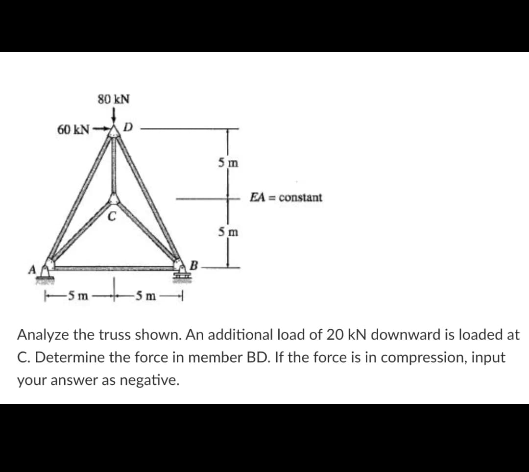 80 kN
60 KNAD
5 m
EA = constant
5 m
A
ts
E5 m
5 m
Analyze the truss shown. An additional load of 20 kN downward is loaded at
C. Determine the force in member BD. If the force is in compression, input
your answer as negative.
