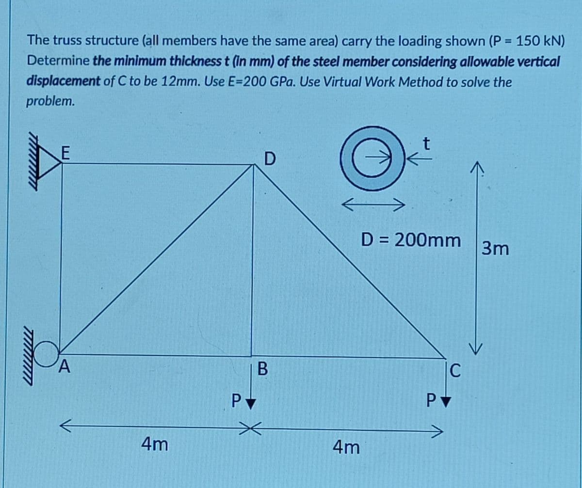 The truss structure (all members have the same area) carry the loading shown (P = 150 kN)
%3D
Determine the minimum thickness t (In mm) of the steel member considering allowable vertical
displacement of C to be 12mm. Use E=200 GPa. Use Virtual Work Method to solve the
problem.
D = 200mm
3m
C
4m
4m
B
