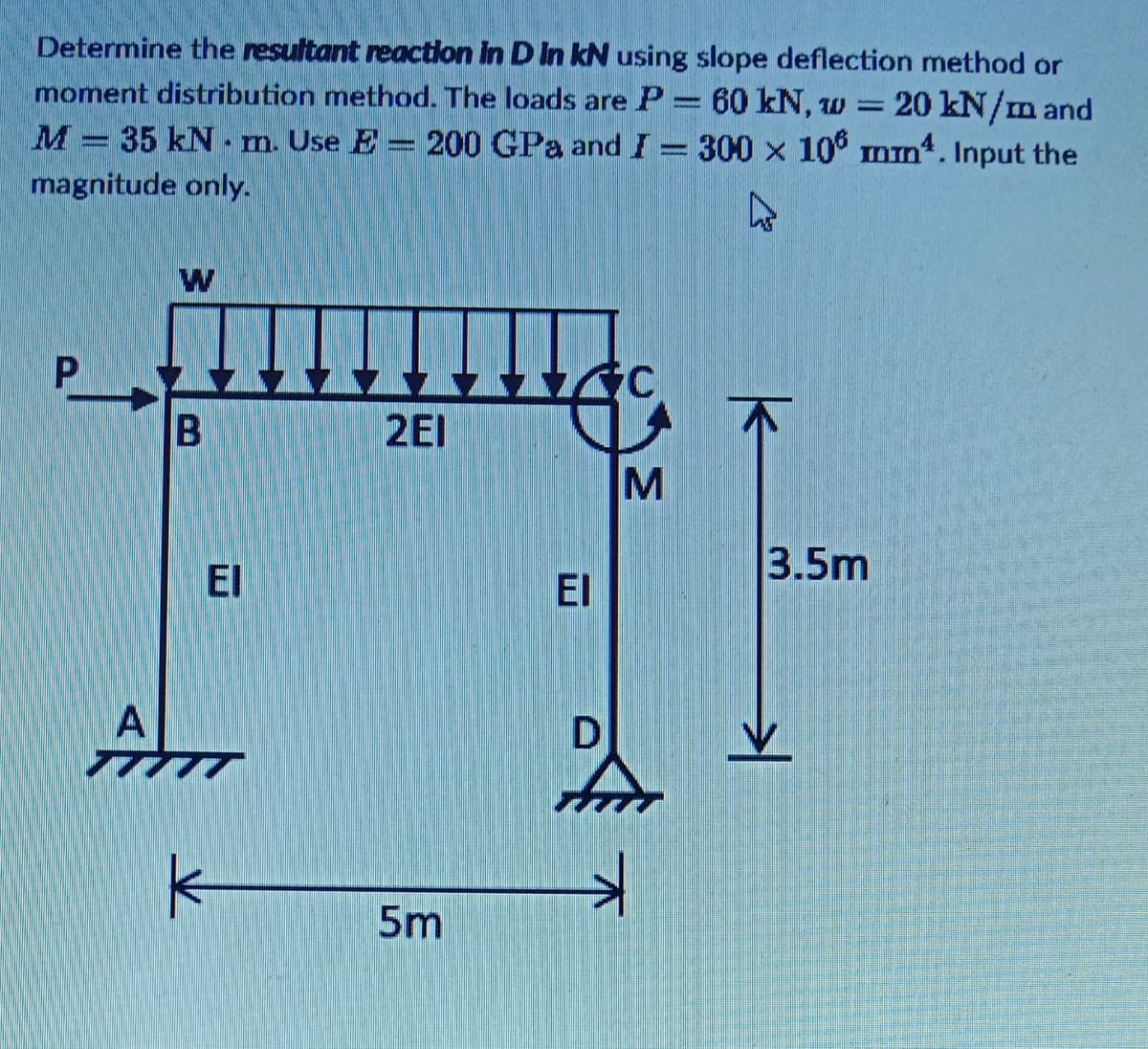 Determine the resultant reaction in D In kN using slope deflection method or
moment distribution method. The loads are P= 60 kN, w =
20 kN/m and
M = 35 kN m. Use E = 200 GPa and I = 300 x 10 mm. Input the
magnitude only.
2EI
M
3.5m
El
El
D
5m
