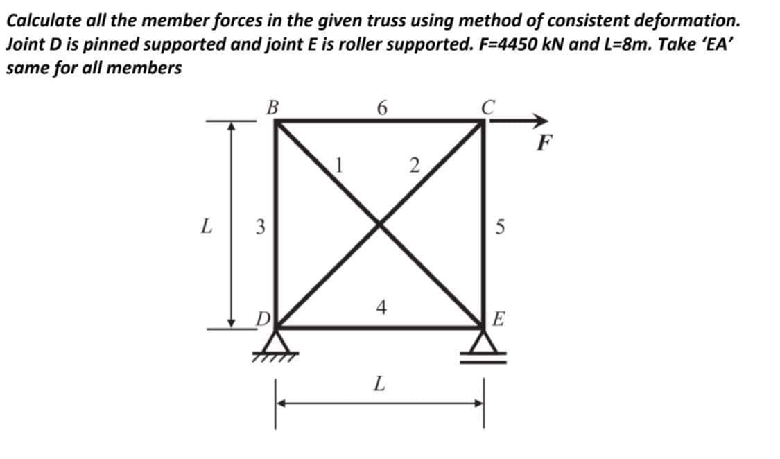 Calculate all the member forces in the given truss using method of consistent deformation.
Joint D is pinned supported and joint E is roller supported. F=4450 kN and L=8m. Take 'EA'
same for all members
В
F
1
2
L
3
5
4
E

