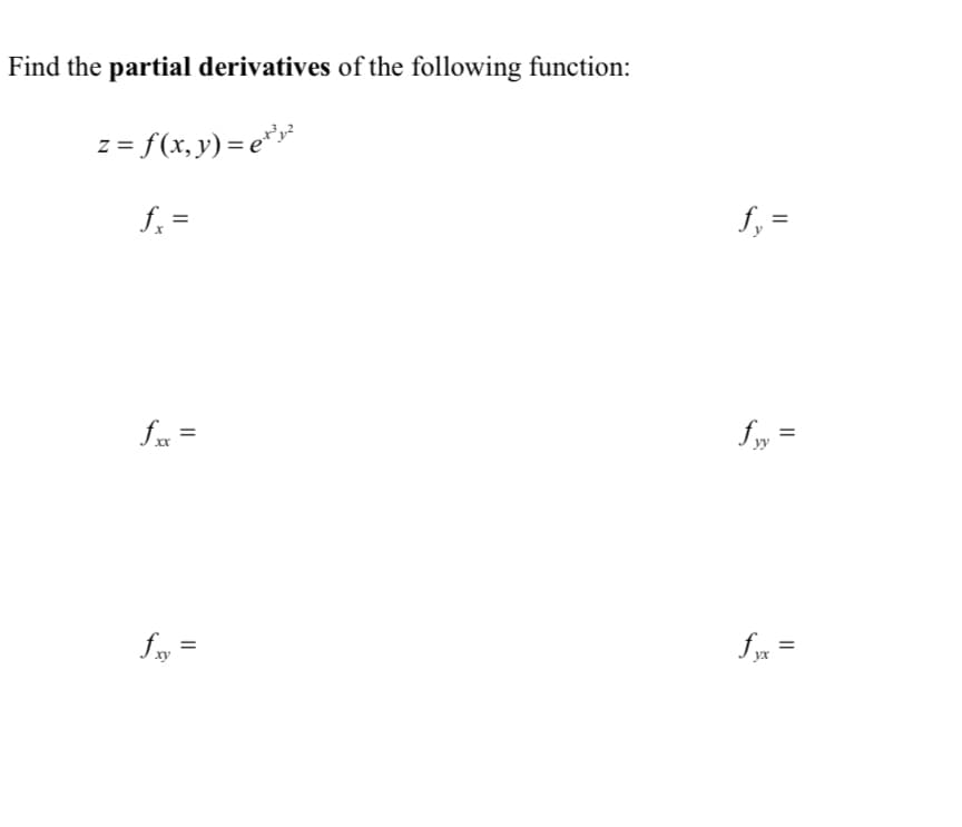 Find the partial derivatives of the following function:
z = f(x, y) = et¹,²
fx=
fx =
fxy =
fy=
fyy=
fyx =