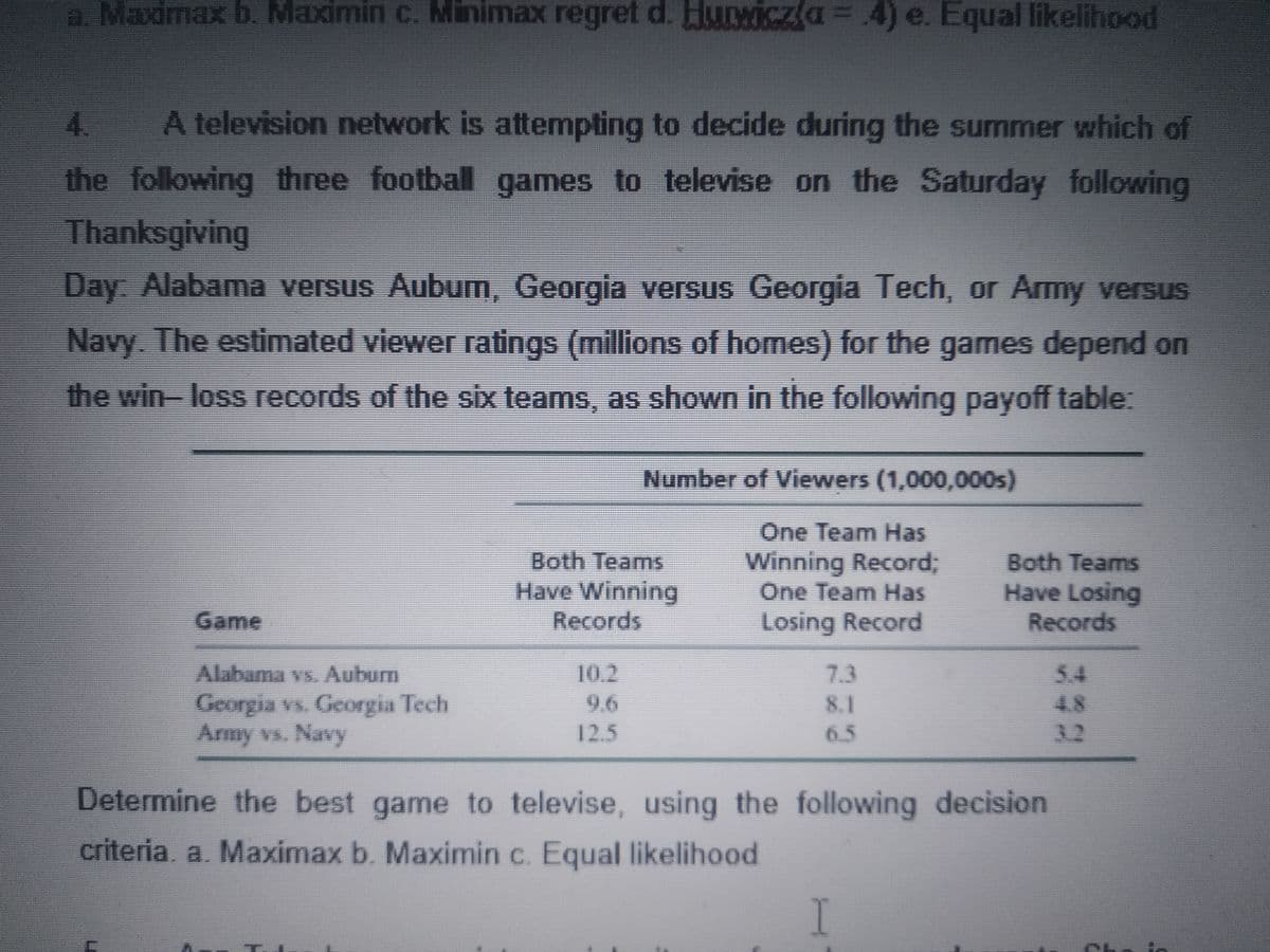 a. Maximax b. Maximin c. Minimax regret d. Hurwicz(a= 4) e. Equal likelihood
4.
A television network is attempting to decide during the summer which of
the folowing three football games to televise on the Saturday following
Thanksgiving
Day: Alabama versus Aubum, Georgia versus Georgia Tech, or Army versus
Navy. The estimated viewer ratings (millions of homes) for the games depend on
the win- loss records of the six teams, as shown in the following payoff table:
Number of Viewers (1,000,000s)
One Team Has
Both Teams
Have Winning
Records
Winning Record3;
Both Teams
One Team Has
Have Losing
Game
Losing Record
Records
Alabama vs. Auburn
10.2
7.3
5.4
Georgia vs. Georgia Tech
Army vs. Navy
9.6
8.1
4.8
12.5
6.5
3.2
Determine the best game to televise, using the following decision
criteria, a. Maximax b. Maximin c. Equal likelihood
