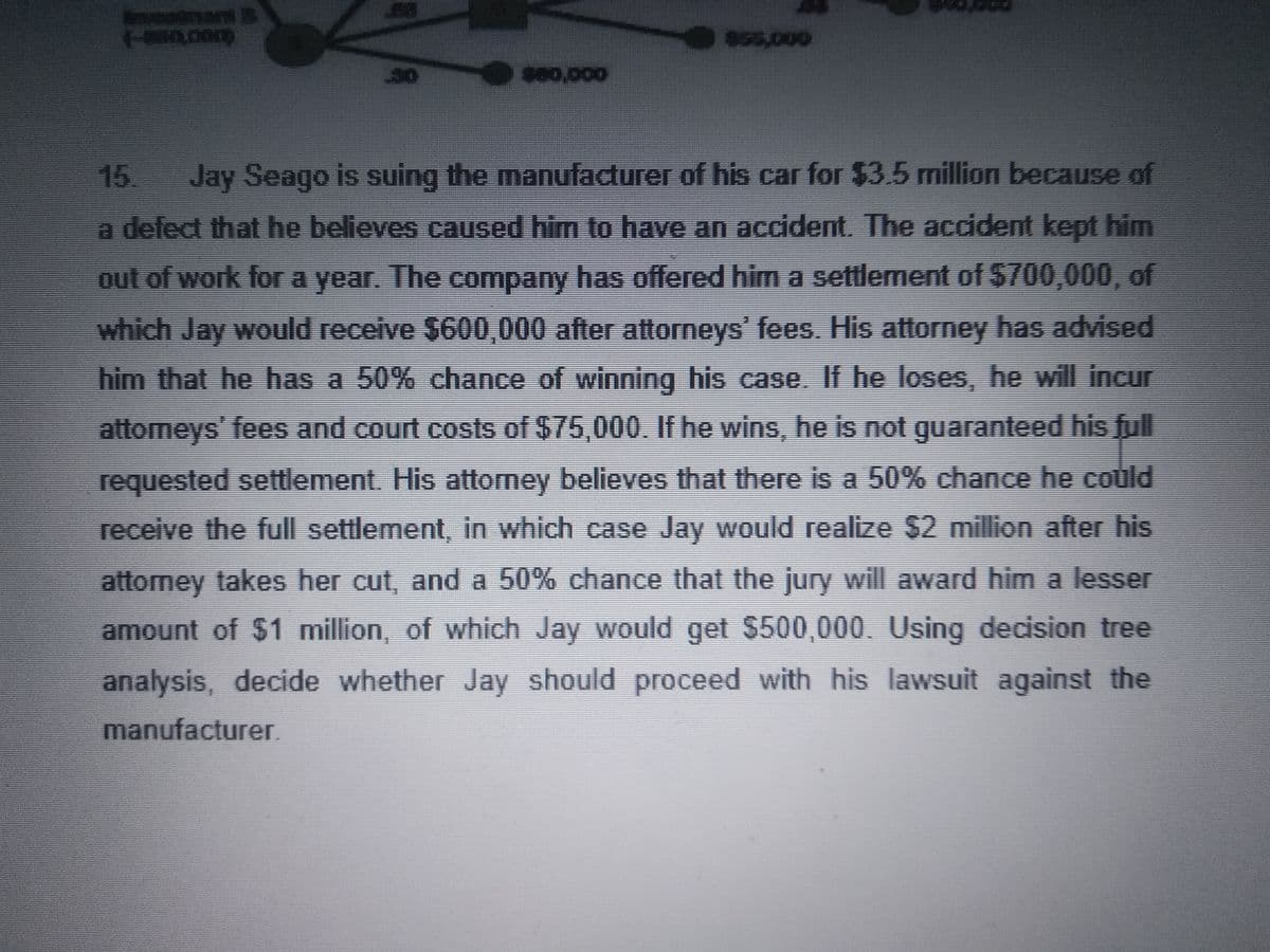 955,000
30
se0,000
15.
Jay Seago is suing the manufacturer of his car for $3.5 million because of
a defect that he believes caused him to have an accident. The accident kept him
out of work for a year. The company has offered him a settlement of 5700,000, of
which Jay would receive $600,000 after attorneys' fees. His attorney has advised
him that he has a 50% chance of winning his case If he loses, he will incur
attomeys' fees and court costs of $75,000. If he wins, he is not guaranteed his full
requested settlement. His attorney believes that there is a 50% chance he could
receive the full settlement, in which case Jay would realize $2 million after his
attomey takes her cut, and a 50% chance that the jury will award him a lesser
amount of $1 million, of which Jay would get $500,000. Using decision tree
analysis, decide whether Jay should proceed with his lawsuit against the
manufacturer.
