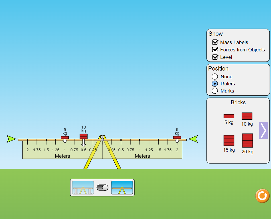 5
kg
10
kg
2 1.75 1.5 1.25 1 0.75 0.5 0.25
Meters
0.25 0.5 0.75 1
59
Meters
kg
1.25 1.5 1.75 2
Show
Mass Labels
Forces from Objects
✔ Level
Position
None
Rulers
Marks
Bricks
5 kg
15 kg
10 kg
20 kg
>
G