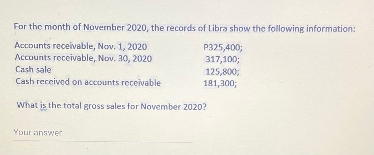For the month of November 2020, the records of Libra show the following information:
Accounts receivable, Nov. 1, 2020
Accounts receivable, Nov. 30, 2020
P325,400;
317,100;
Cash sale
125,800;
Cash received on accounts receivable
181,300;
What is the total gross sales for November 2020?
Your answer
