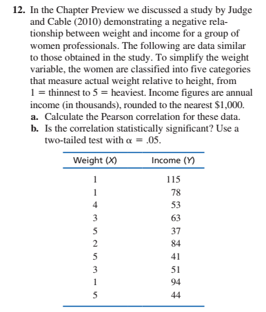12. In the Chapter Preview we discussed a study by Judge
and Cable (2010) demonstrating a negative rela-
tionship between weight and income for a group of
women professionals. The following are data similar
to those obtained in the study. To simplify the weight
variable, the women are classified into five categories
that measure actual weight relative to height, from
1 = thinnest to 5 = heaviest. Income figures are annual
income (in thousands), rounded to the nearest $1,000.
a. Calculate the Pearson correlation for these data.
b. Is the correlation statistically significant? Use a
two-tailed test with a = .05.
Weight (X)
Income (Y)
115
78
1
4
53
3
63
37
84
5
41
3
51
94
1
44
