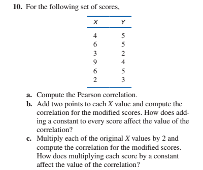 10. For the following set of scores,
3
4
2
3
a. Compute the Pearson correlation.
b. Add two points to each X value and compute the
correlation for the modified scores. How does add-
ing a constant to every score affect the value of the
correlation?
c. Multiply each of the original X values by 2 and
compute the correlation for the modified scores.
How does multiplying each score by a constant
affect the value of the correlation?
