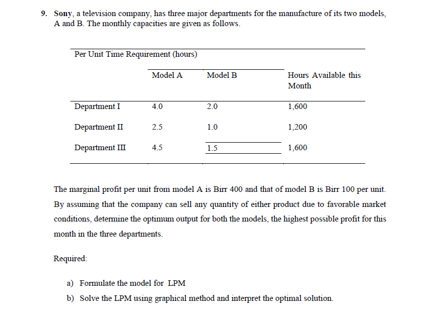 9. Sony, a television company, has three major departments for the manufacture of its two models,
A and B. The monthly capacities are given as follows.
Per Unit Time Requirement (hours)
Department I
Department II
Department III
Model A
Required:
4.0
2.5
4.5
Model B
2.0
1.0
1.5
Hours Available this
Month
1,600
1,200
1,600
The marginal profit per unit from model A is Birr 400 and that of model B is Birr 100 per unit.
By assuming that the company can sell any quantity of either product due to favorable market
conditions, determine the optimum output for both the models, the highest possible profit for this
month in the three departments.
a) Formulate the model for LPM
b) Solve the LPM using graphical method and interpret the optimal solution.