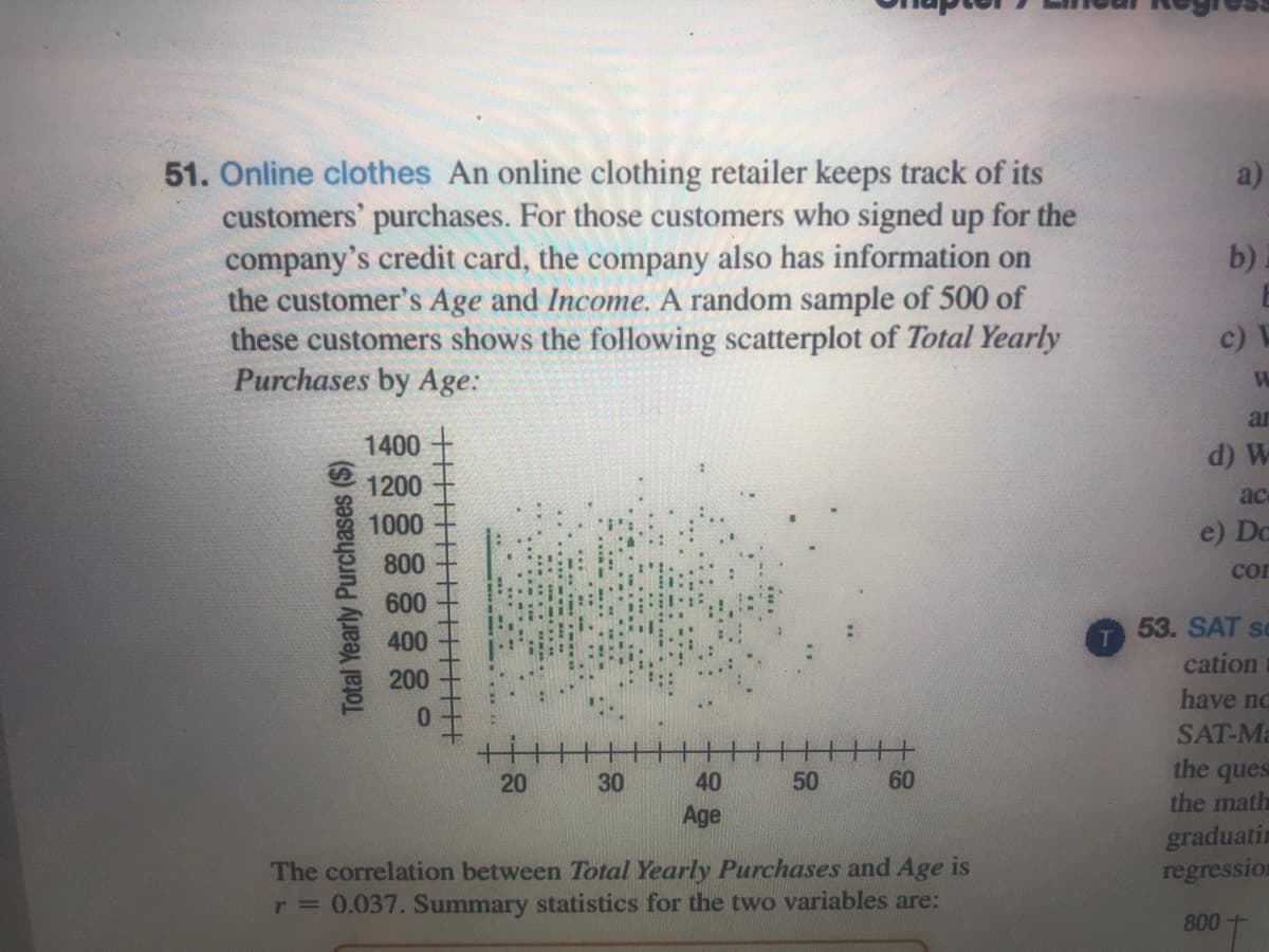 51. Online clothes An online clothing retailer keeps track of its
customers' purchases. For those customers who signed up for the
company's credit card, the company also has information on
the customer's Age and Income. A random sample of 500 of
these customers shows the following scatterplot of Total Yearly
Purchases by Age:
a)
b).
c) L
We
ar
1400
d) W
1200
ac
1000
e) Do
800
cor
600
53. SAT se
400
cation
200
have nc
SAT-Ma
the ques
the math
graduatin
regression
20
30
40
50
60
Age
The correlation between Total Yearly Purchases and Age is
r = 0.037. Summary statistics for the two variables are:
800
Total Yearly Purchases ($)
