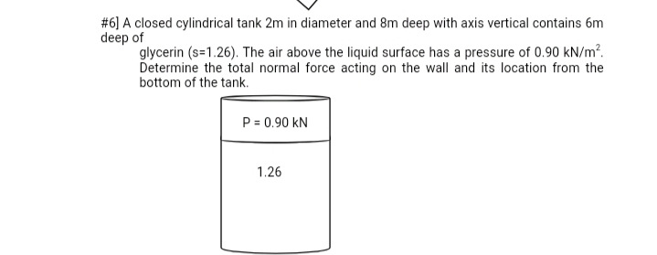 #6] A closed cylindrical tank 2m in diameter and 8m deep with axis vertical contains 6m
deep of
glycerin (s=1.26). The air above the liquid surface has a pressure of 0.90 kN/m?.
Determine the total normal force acting on the wall and its location from the
bottom of the tank.
P = 0.90 kN
1.26
