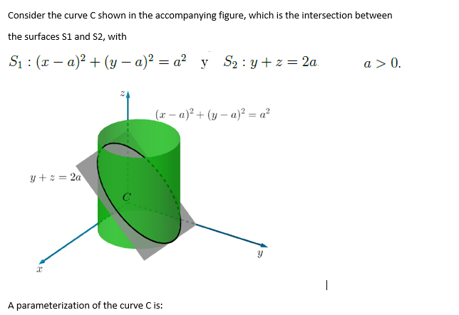 Consider the curve C shown in the accompanying figure, which is the intersection between
the surfaces S1 and S2, with
S1 : (x – a)? + (y – a)² = a² y S2 : y + z = 2a.
a > 0.
(2 – a)² + (y – a)² = a²
y + z = 2a
|
A parameterization of the curve C is:
