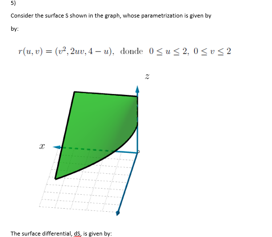 5)
Consider the surface S shown in the graph, whose parametrization is given by
by:
r(u, v) = (v², 2uv, 4 – u), donde 0<u<2, 0 su<2
The surface differential, ds, is given by:
