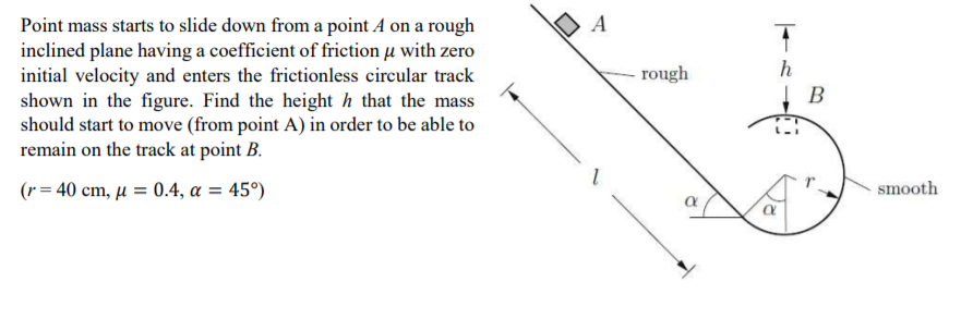 A
Point mass starts to slide down from a point A on a rough
inclined plane having a coefficient of friction µ with zero
initial velocity and enters the frictionless circular track
shown in the figure. Find the height h that the mass
should start to move (from point A) in order to be able to
remain on the track at point B.
rough
h
(r = 40 cm, µ = 0.4, a = 45°)
smooth
