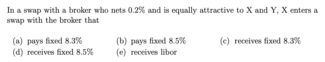 In a swap with a broker who nets 0.2% and is equally attractive to X and Y, X enters a
swap with the broker that
(a) pays fixed 8.3%
(b) pays fixed 8.5%
(c) receives fixed 8.3%
(d) receives fixed 8.5%
(e) receives libor