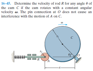 16–45. Determine the velocity of rod R for any angle 0 of
the cam C if the cam rotates with a constant angular
velocity w. The pin connection at O does not cause an
interference with the motion of A on C.
wwww
