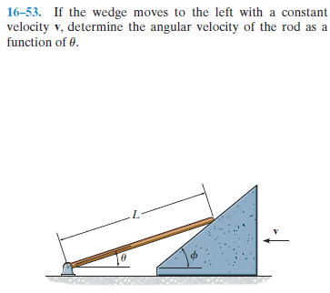 16-53. If the wedge moves to the left with a constant
velocity v, determine the angular velocity of the rod as a
function of 0.
