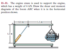11-11. The engine crane is used to support the engine,
which has a weight of 6 kN. Draw the shear and moment
diagrams of the boom ABC when it is in the horizontal
position shown.
-151
12 m
