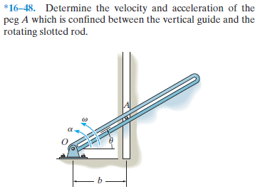 *16–48. Determine the velocity and acceleration of the
peg A which is confined between the vertical guide and the
rotating slotted rod.
