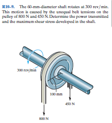 RI0-9. The 0-mm-diameter shaft rotates at 300 rev/min.
This motion is caused by the unequal belt tensions on the
pulley of 800 N and 450 N. Determine the power transmitted
and the maximum shear stress developed in the shaft
300 rev min
100 mm
450 N
800N

